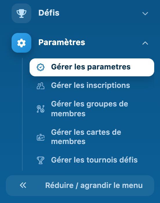 Menu Paramètres déplié