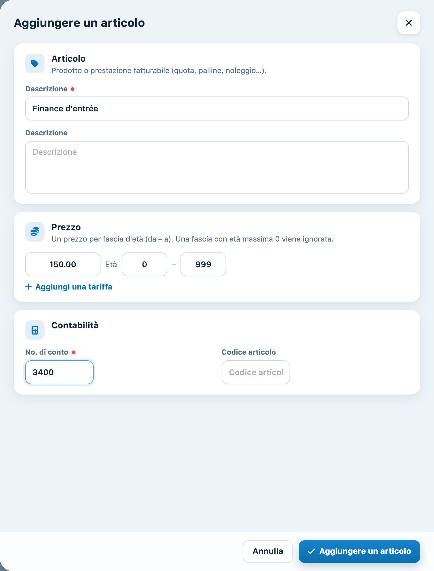 Il pannello «Ajouter un article» con un prezzo e un numero di conto
