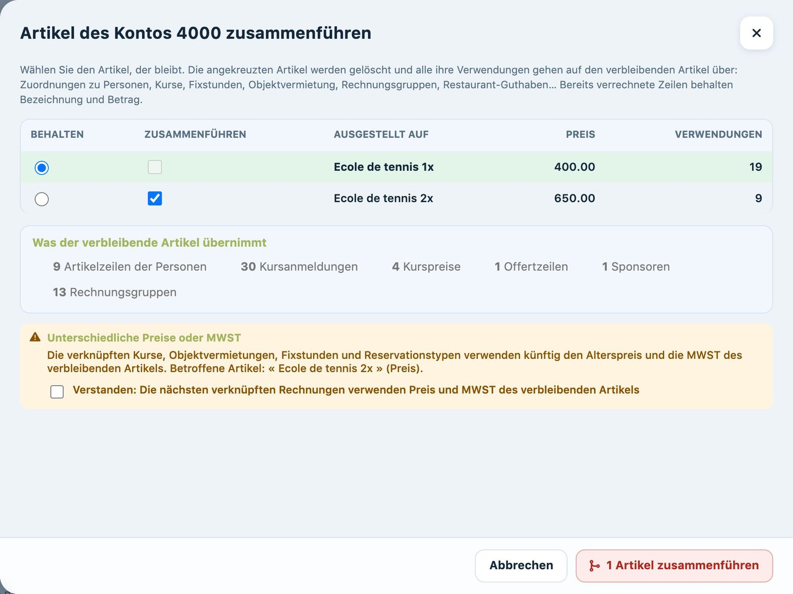 Das Panel zum Zusammenführen der Artikel eines Kontos