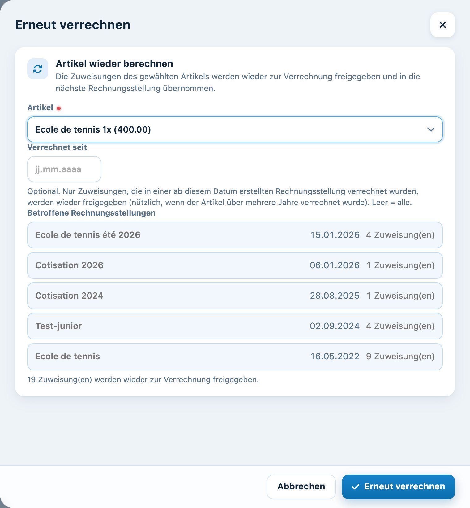 Die Zuordnungen eines Artikels wieder zur Verrechnung freigeben