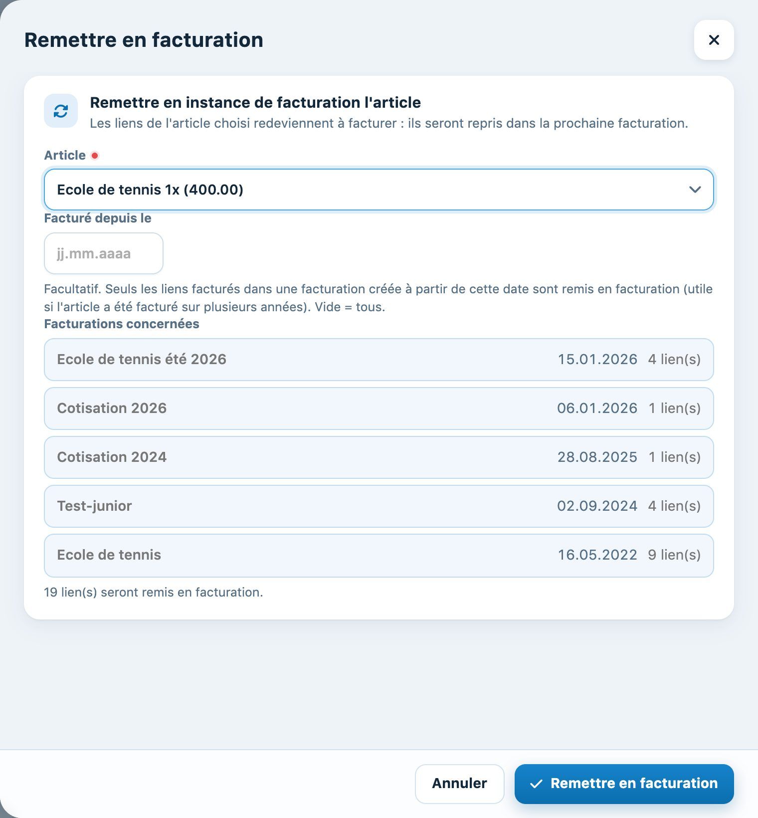 Remettre en facturation les liens d'un article