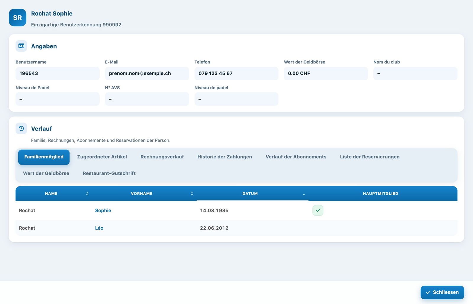 Das Profil eines Mitglieds mit seinen Angaben und dem Verlauf