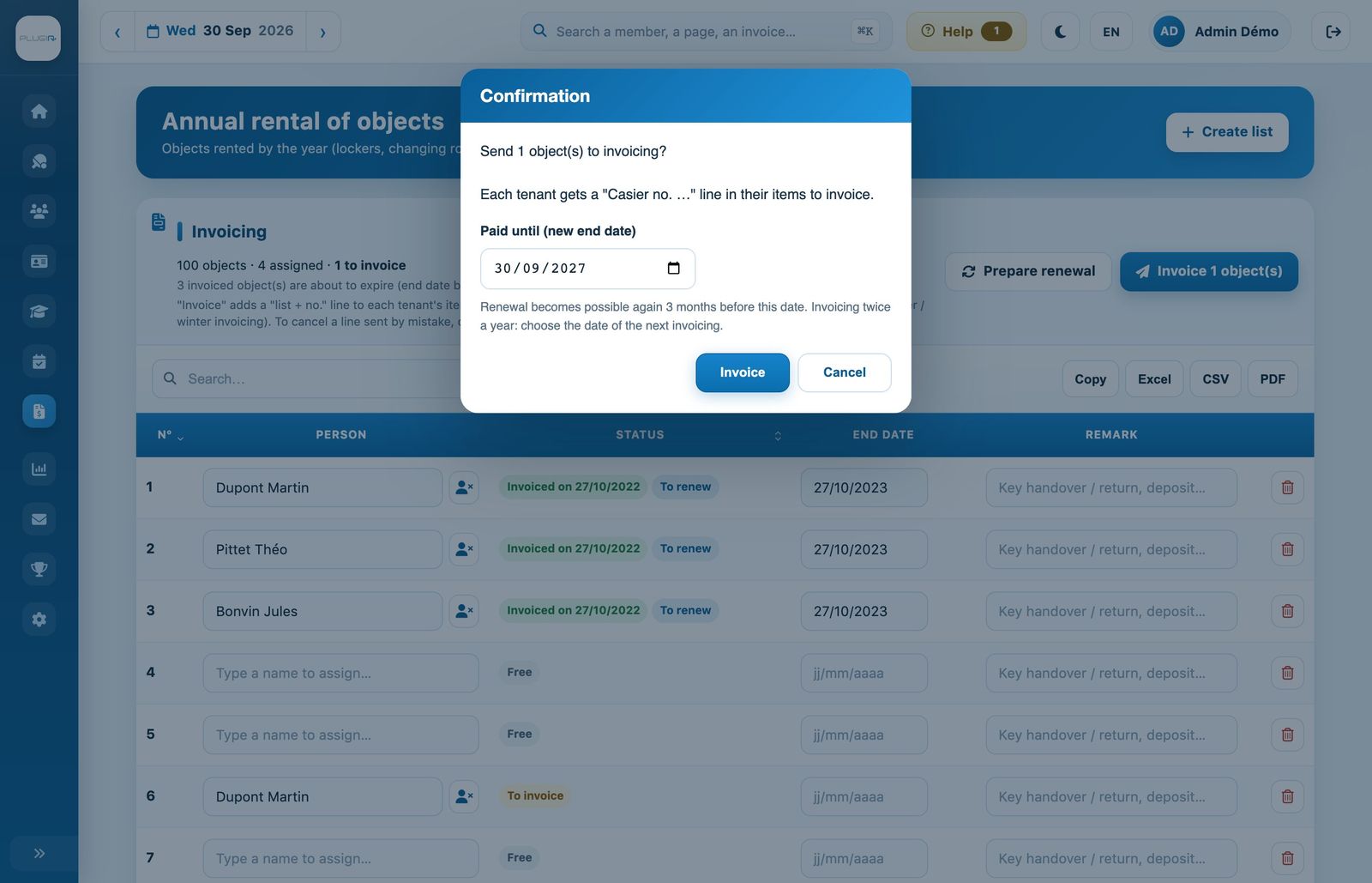 Invoicing confirmation with the new end date