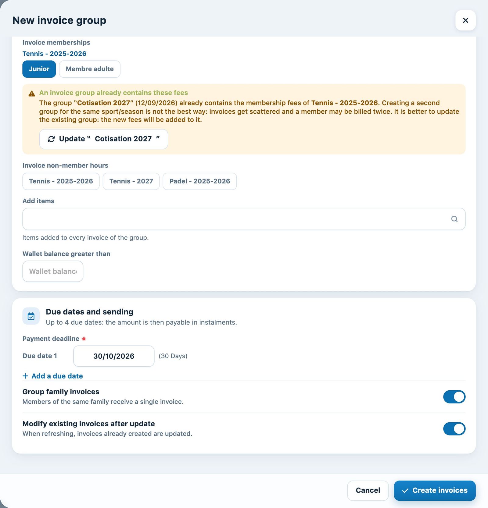 The membership fees to invoice, in the “New invoice group” panel