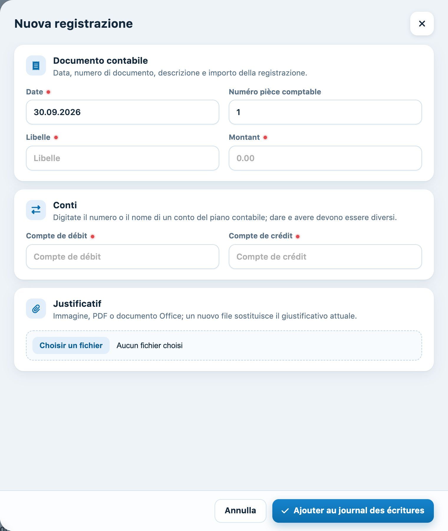 Il pannello «Nuova registrazione»