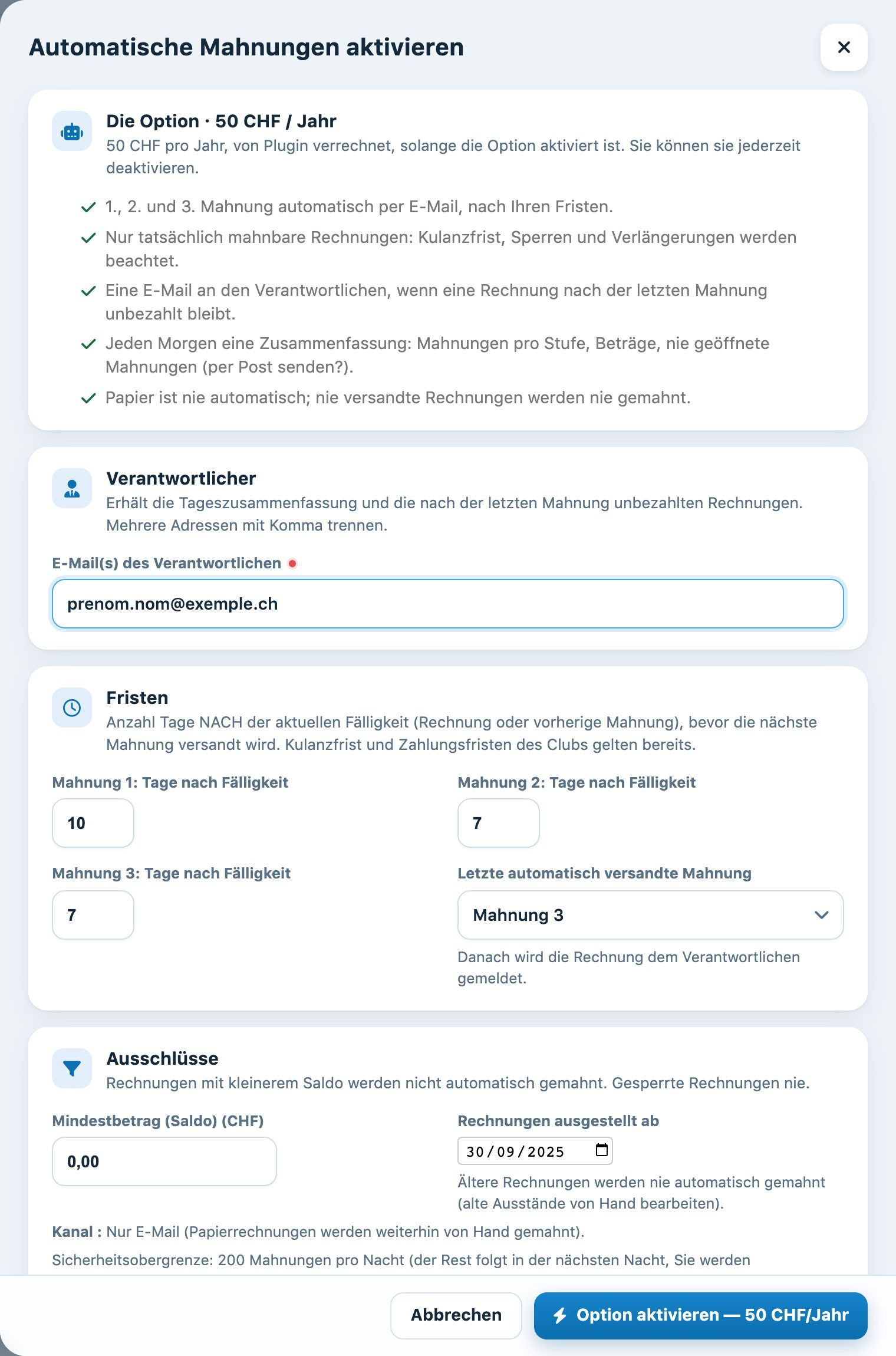 Das Panel zur Aktivierung der automatischen Mahnungen