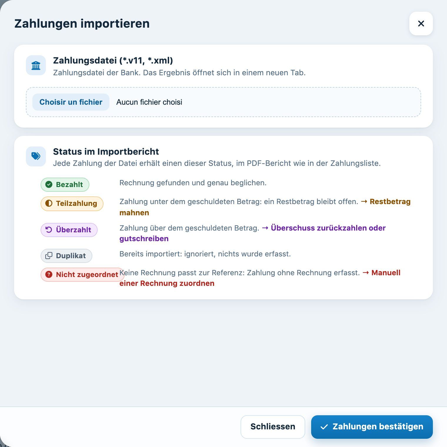 Das Panel «Zahlungen importieren» und die Legende der Status