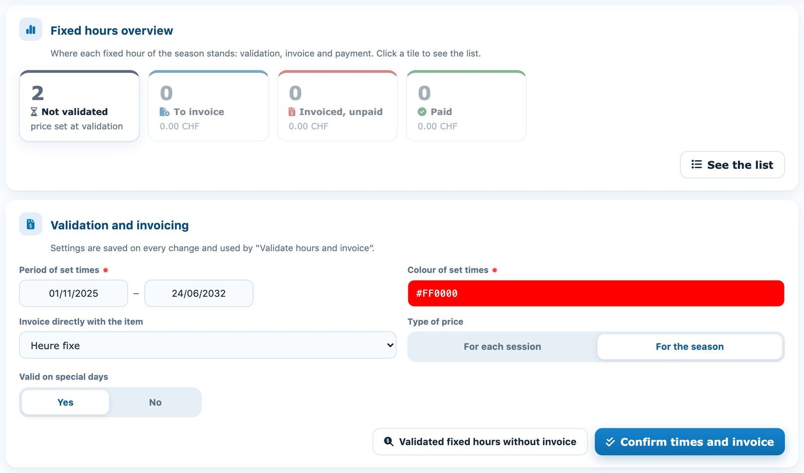 Fixed hours overview and validation settings