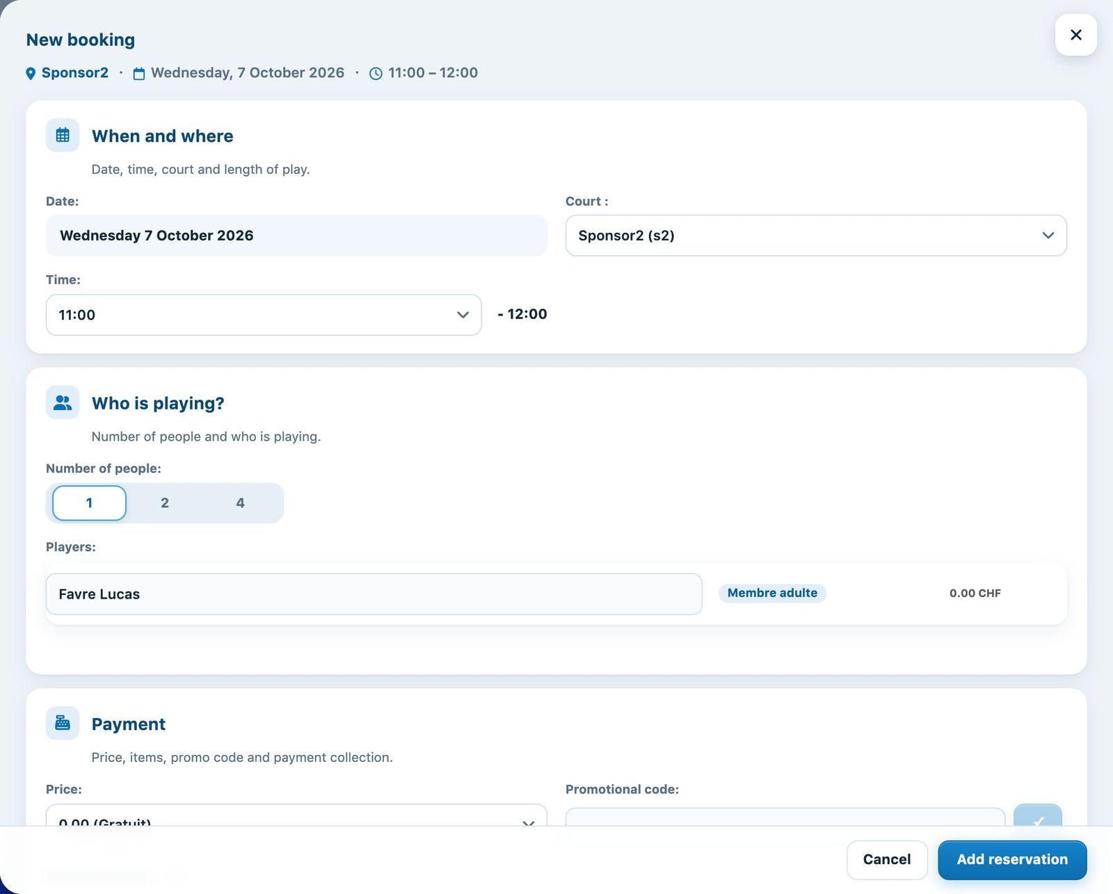 Form for a new booking