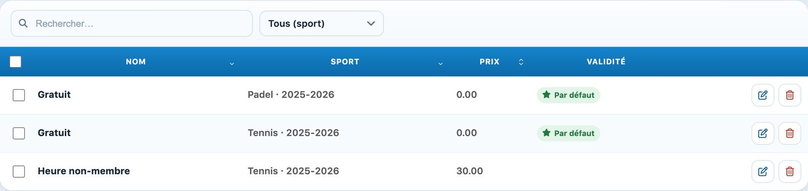 Liste des prix de la caisse