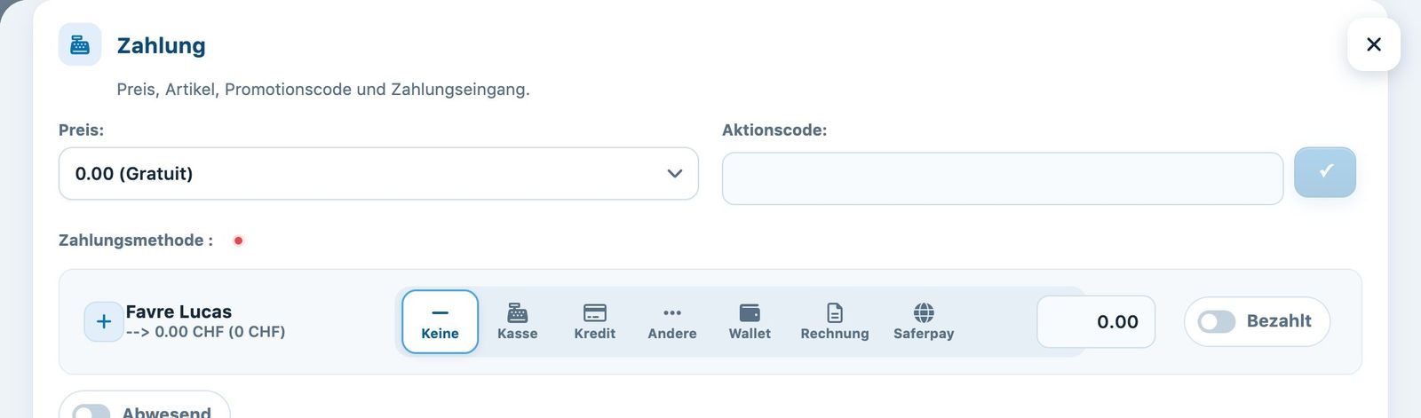 Auswahl des Kassenpreises in einer Reservierung