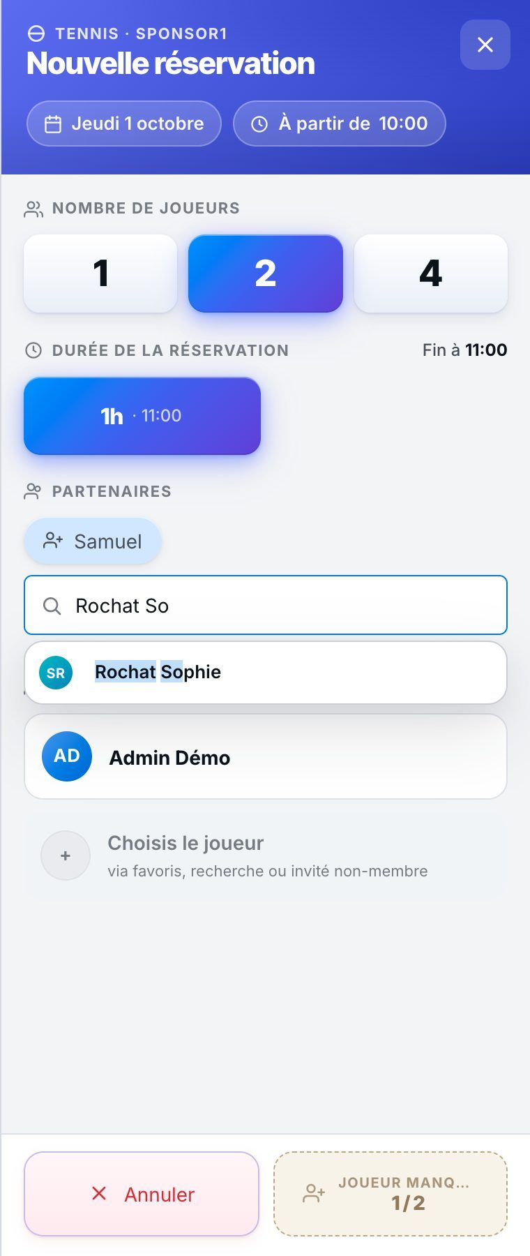 Le panneau Nouvelle réservation : choix du partenaire