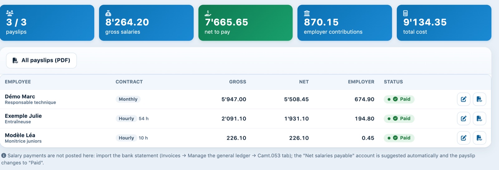 September payroll: three payslips with Paid status and the note about payment
