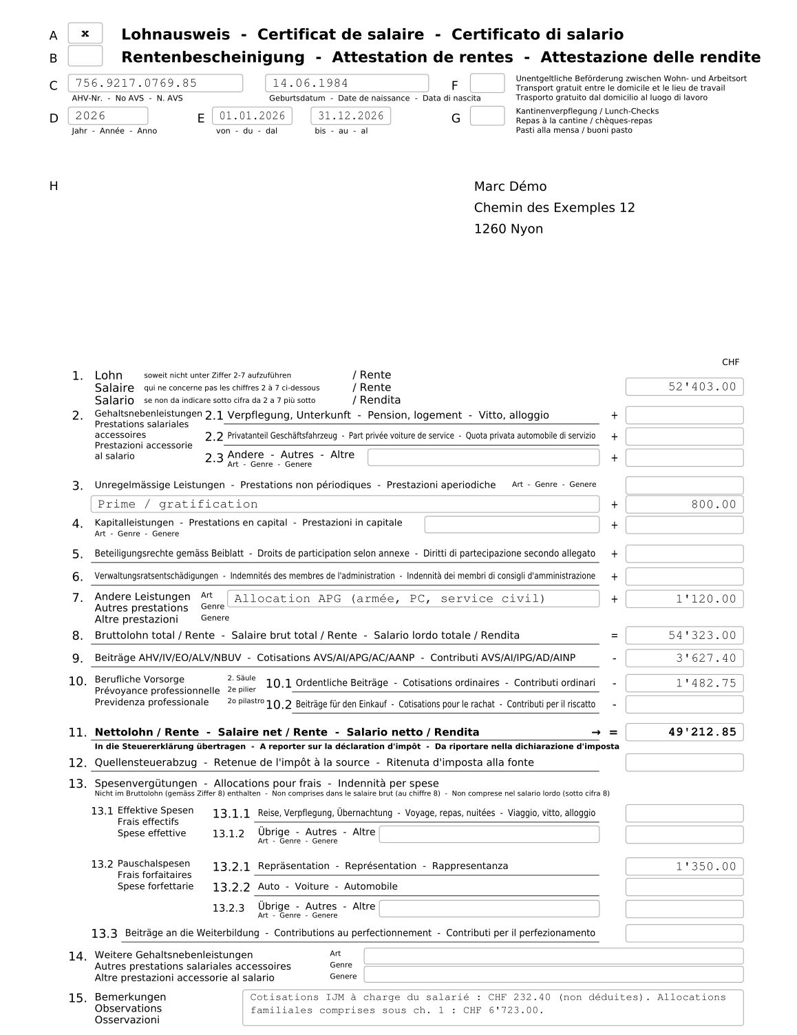 Certificat de salaire Formulaire 11 de Démo Marc, rempli à partir des bulletins validés